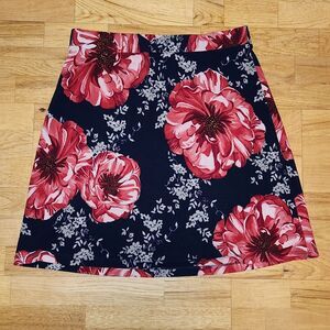 Le Lis Blue Knee Length A-Line Skirt Red Flowers Women XL Polyester Spandex